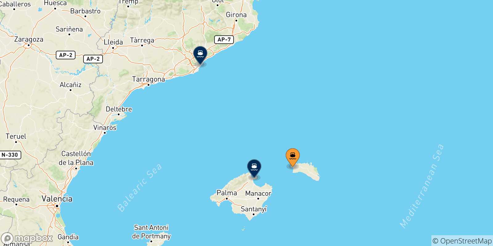 Mappa delle possibili rotte tra Ciutadella (Minorca) e la Spagna