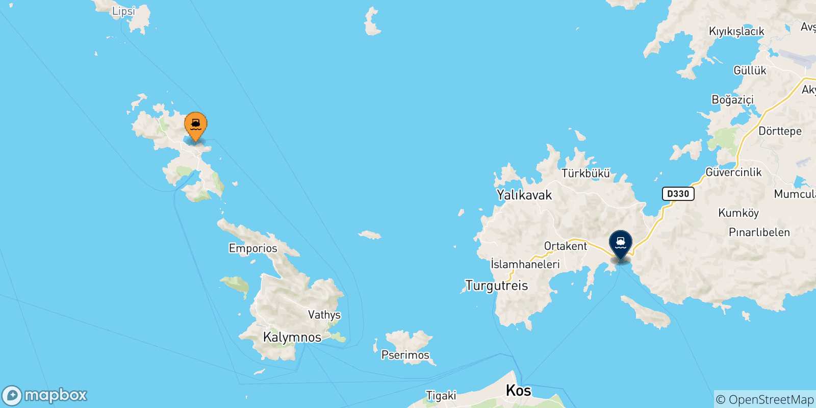 Mappa delle possibili rotte tra Leros e la Turchia