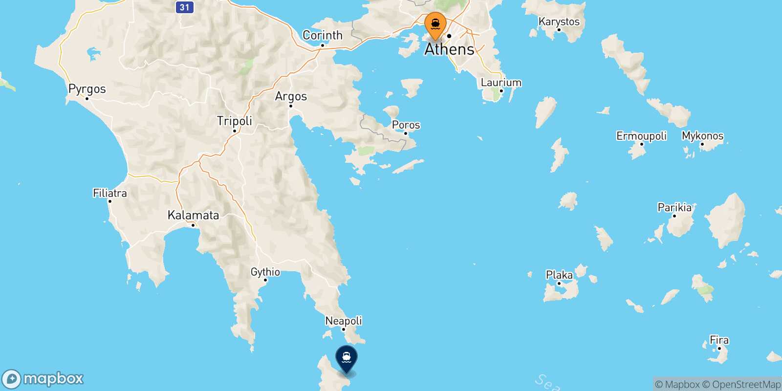 Mappa della rotta Pireo Kythira