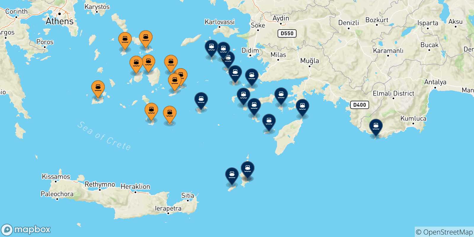 Mappa delle possibili rotte tra le Isole Cicladi e le Isole Dodecaneso