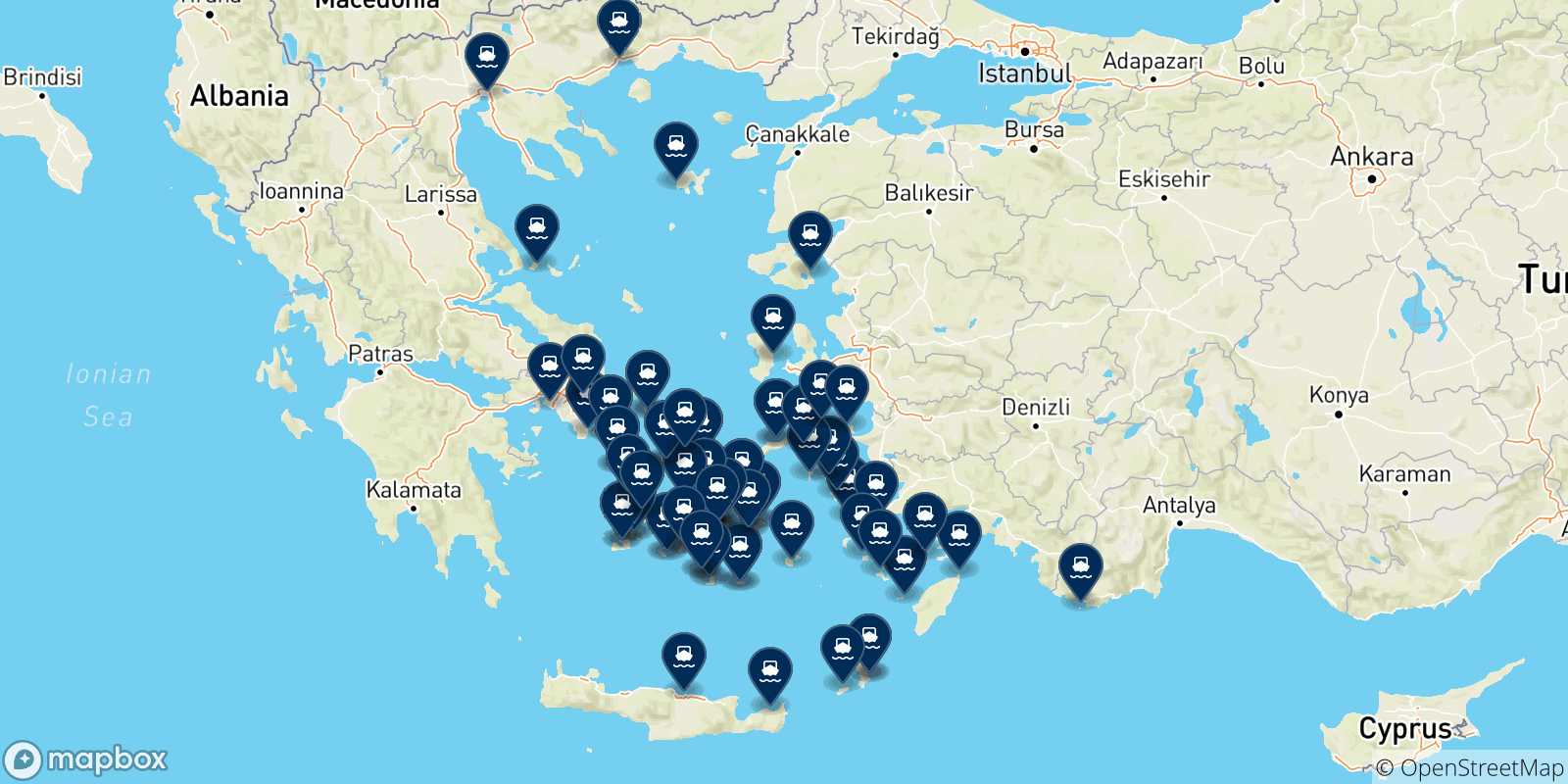 Mappa delle destinazioni raggiungibili dalle Isole Cicladi