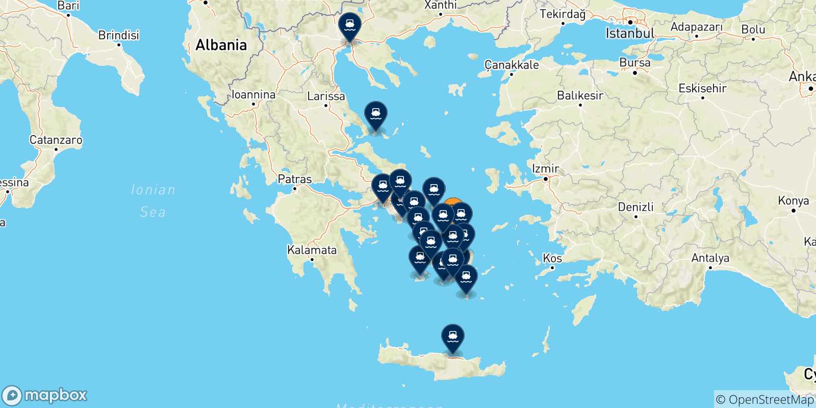Mappa delle possibili rotte tra Tinos e la Grecia