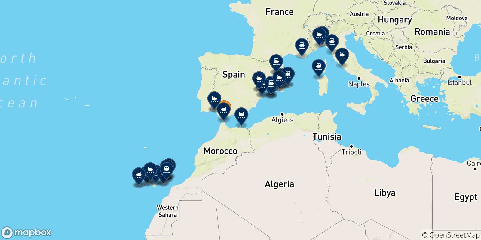 Mappa delle destinazioni raggiungibili dalla Spagna