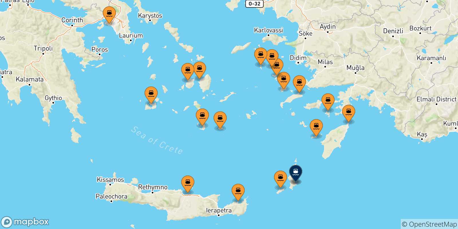 Mappa delle possibili rotte tra la Grecia e Karpathos