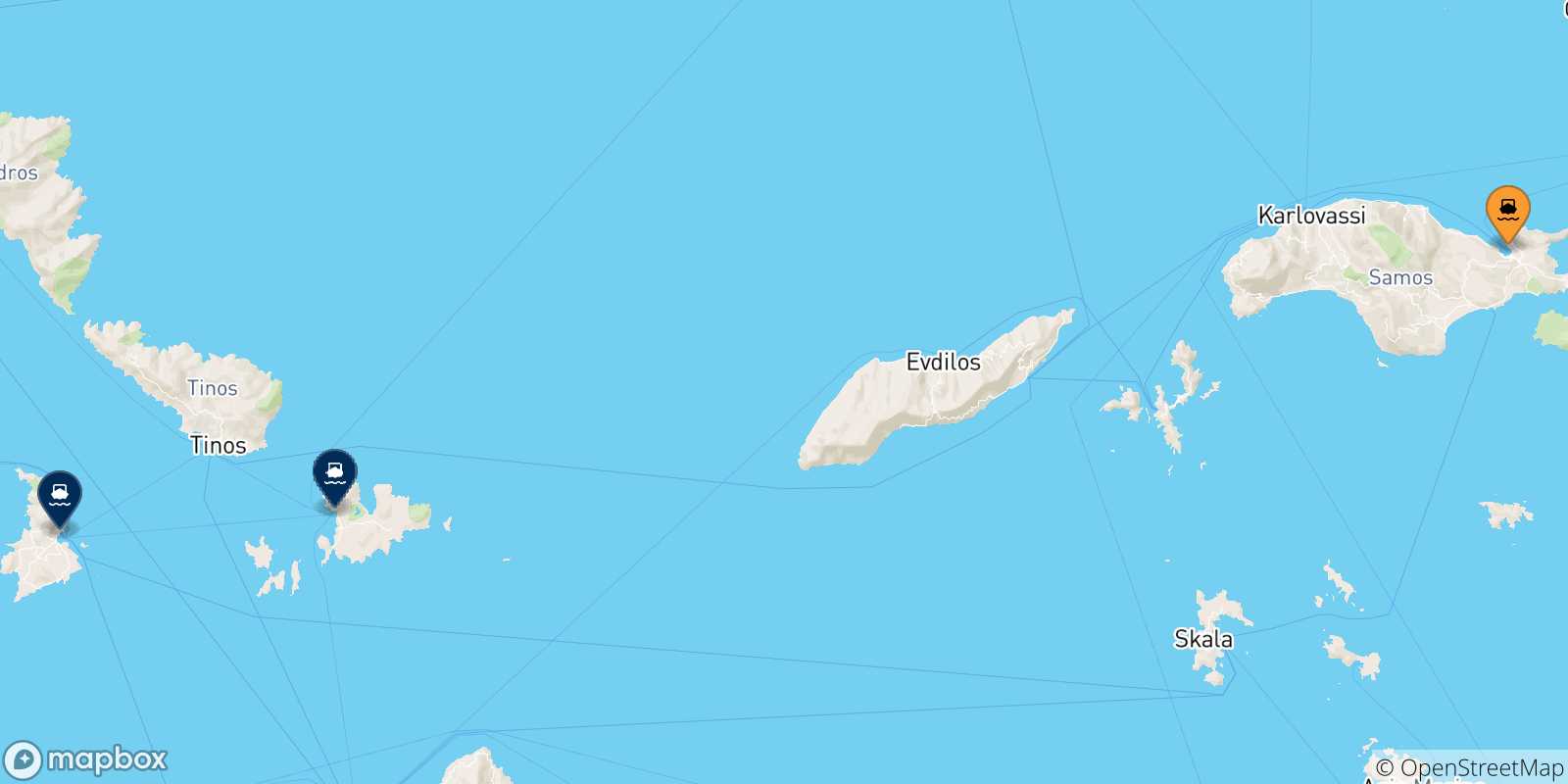 Mappa delle possibili rotte tra Vathi (Samos) e le Isole Cicladi