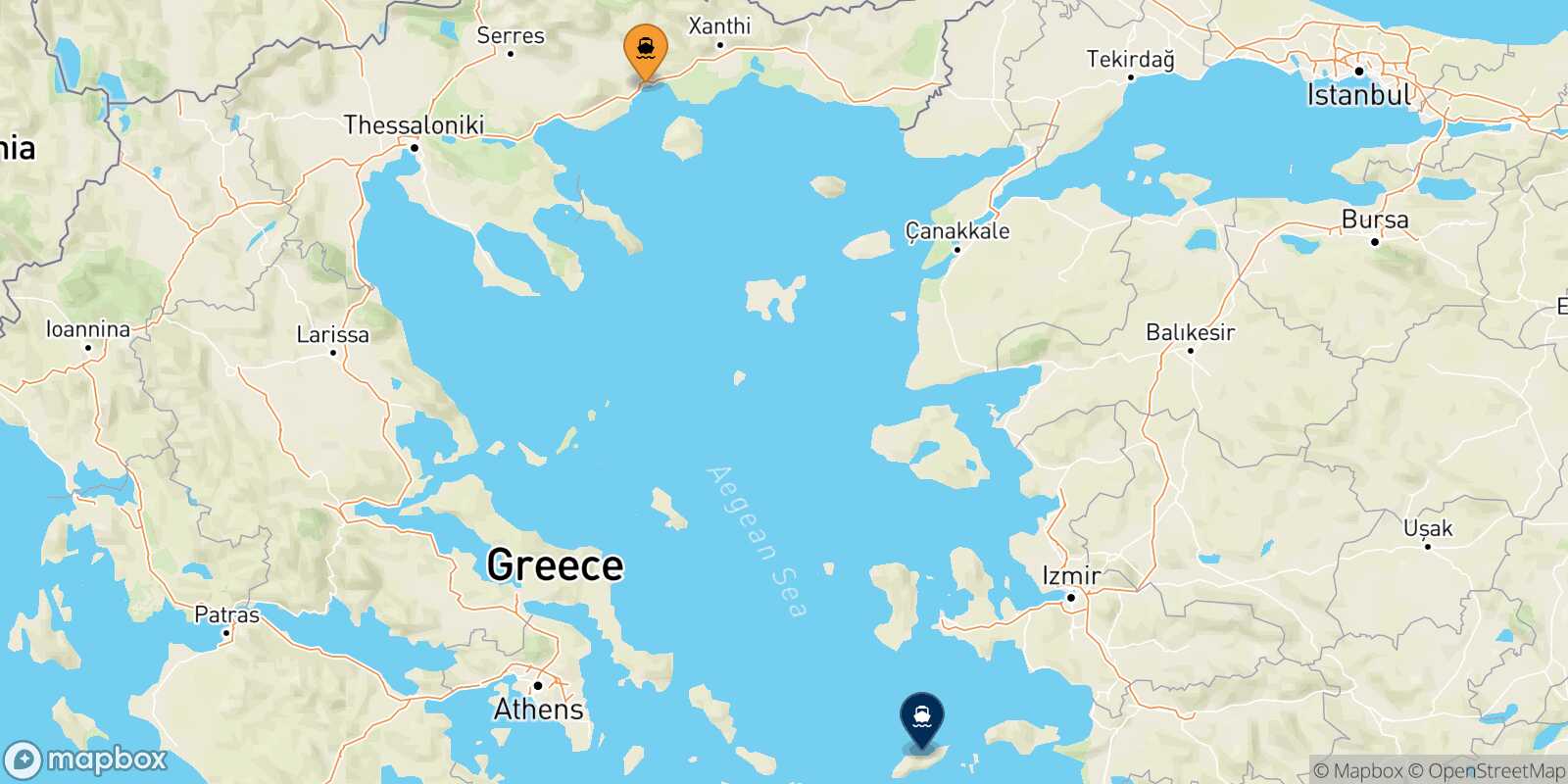 Mappa della rotta Kavala Evdilos (Ikaria)