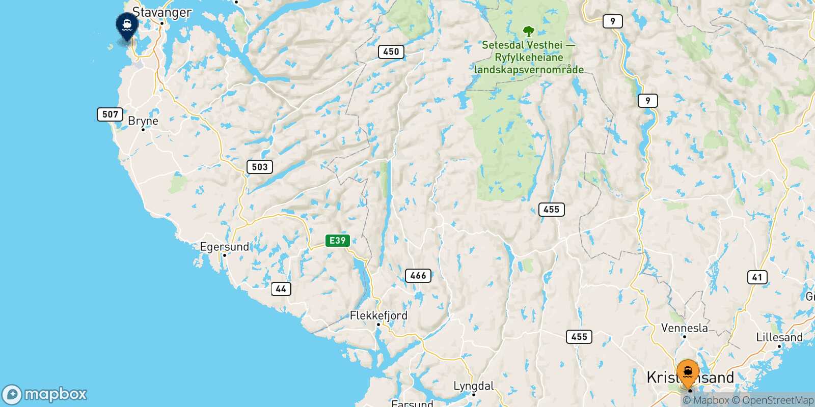 Mappa della rotta Kristiansand Stavanger