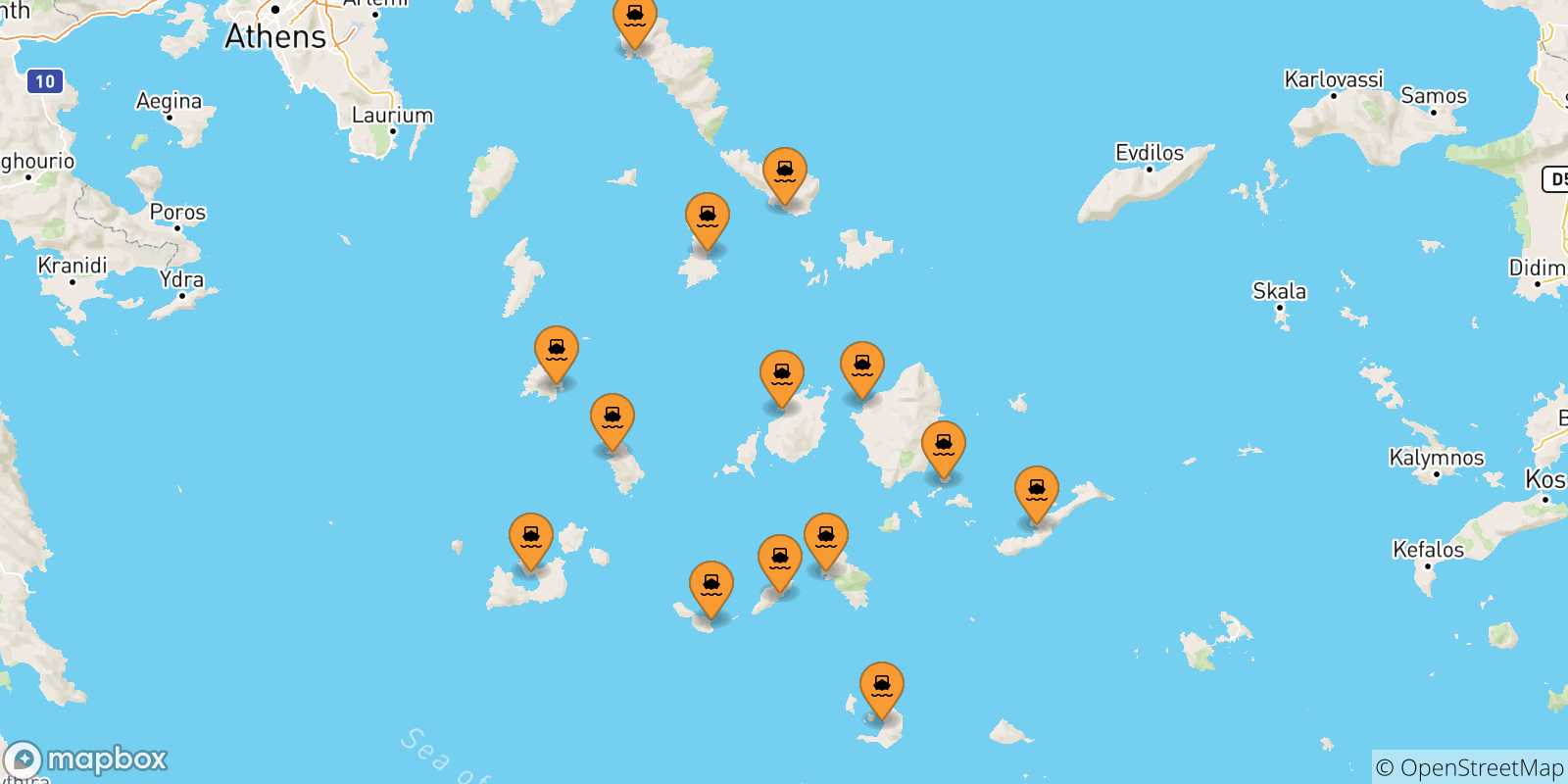Mappa delle possibili rotte tra le Isole Cicladi e Mykonos