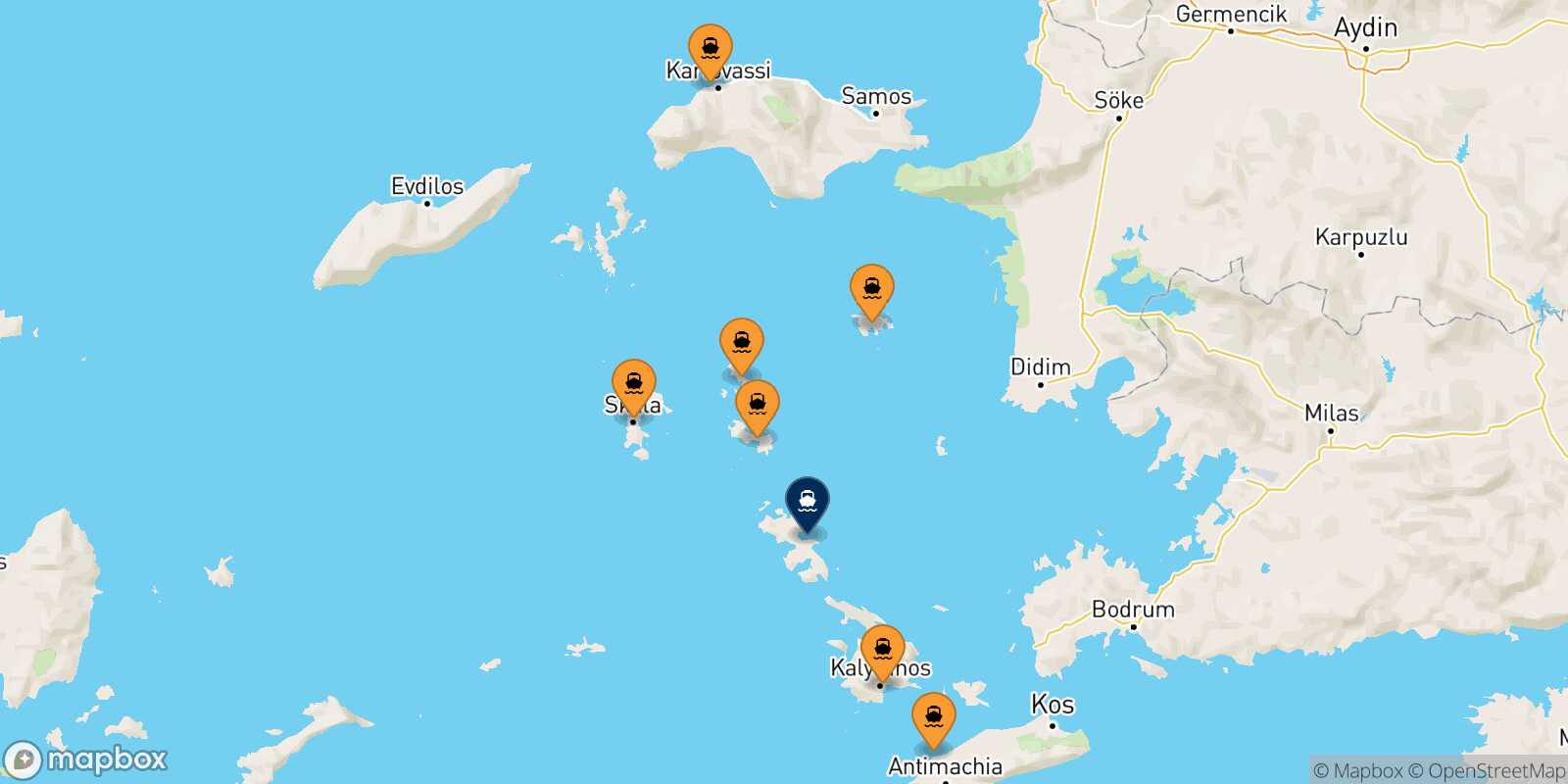 Mappa dei porti collegati con  Agia Marina (Leros)