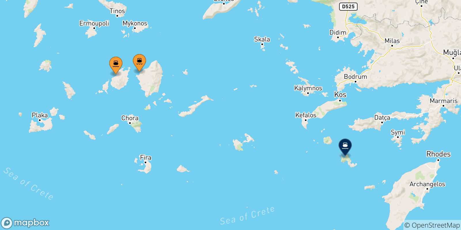 Mappa delle possibili rotte tra le Isole Cicladi e Tilos