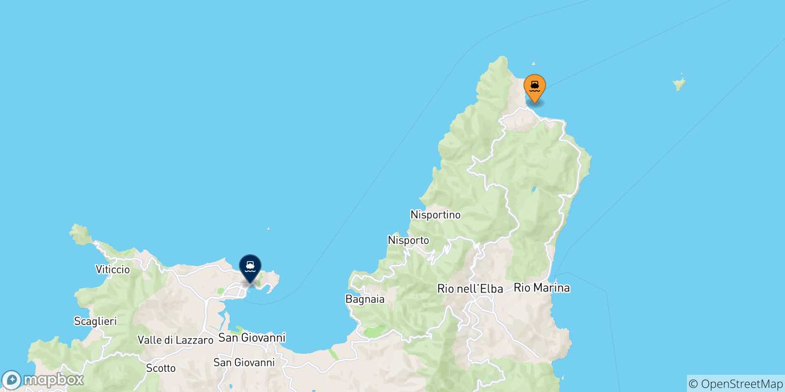Mappa delle possibili rotte tra Cavo e l'Isola D'elba