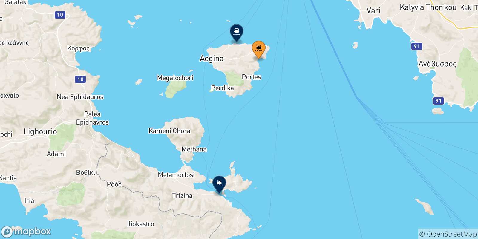 Mappa delle possibili rotte tra Agia Marina (Aegina) e le Isole Saroniche