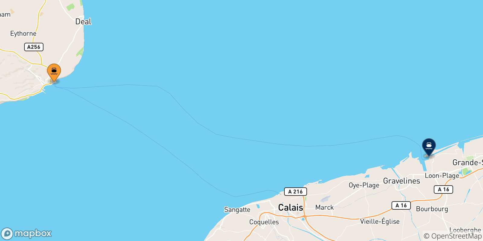 Mappa delle possibili rotte tra il Regno Unito e Dunkerque