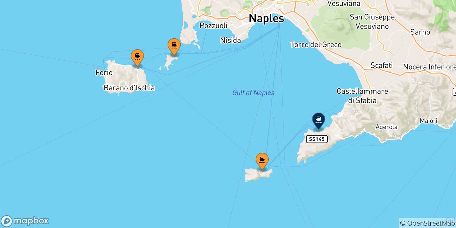 Mappa delle possibili rotte tra il Golfo Di Napoli e Sorrento