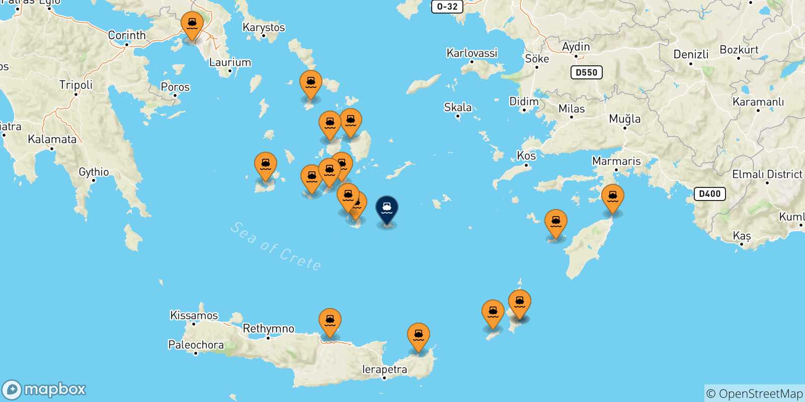 Mappa delle possibili rotte tra la Grecia e Anafi