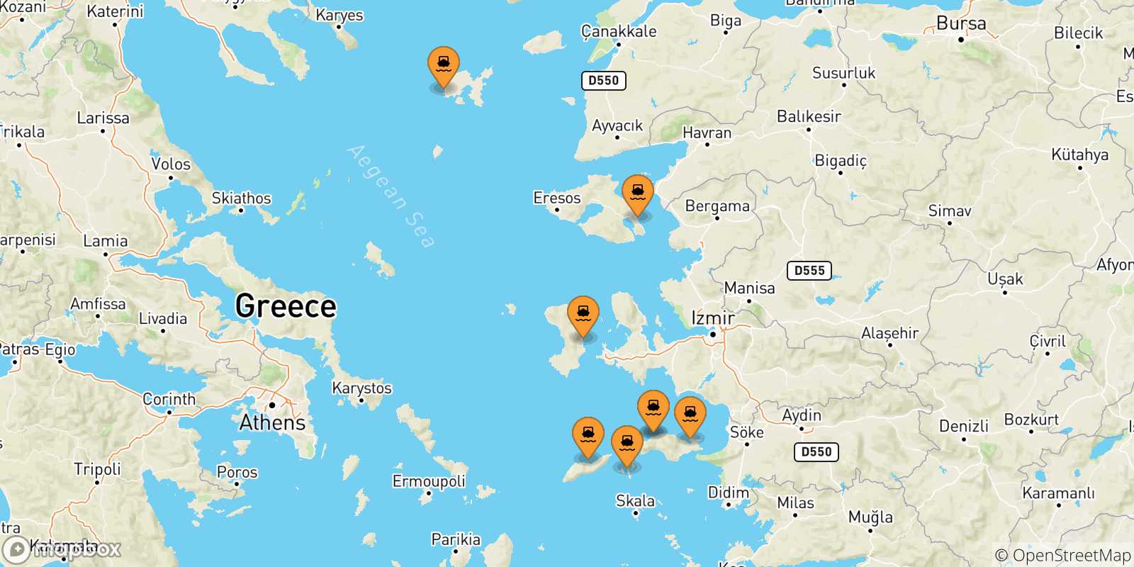 Mappa delle possibili rotte tra le Isole Egeo Nord Orientale e Agios Kirikos (Ikaria)