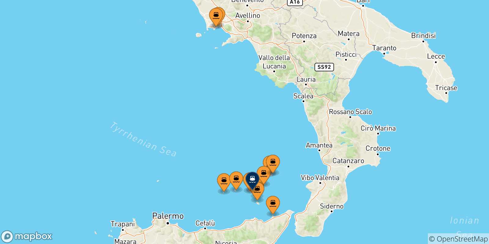 Mappa delle possibili rotte tra l'Italia e Santa Marina (Salina)