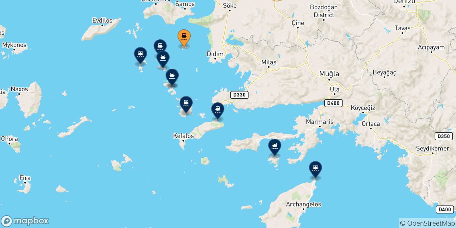 Mappa delle possibili rotte tra Agathonisi e le Isole Dodecaneso