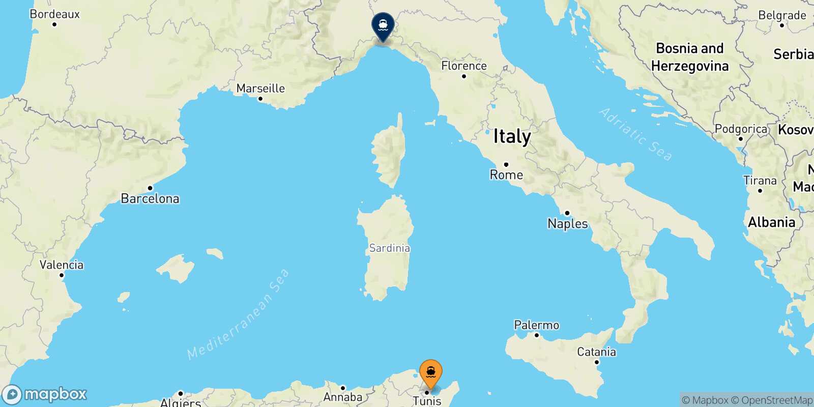Mappa della rotta Tunisi Genova