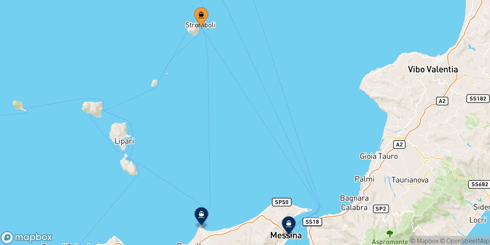 Mappa delle destinazioni raggiungibili da Stromboli