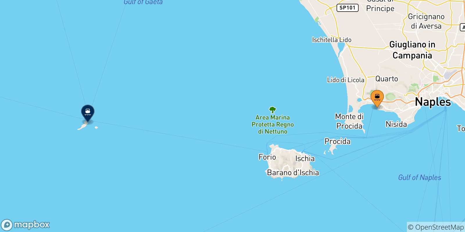 Mappa delle possibili rotte tra il Golfo Di Napoli e Ventotene