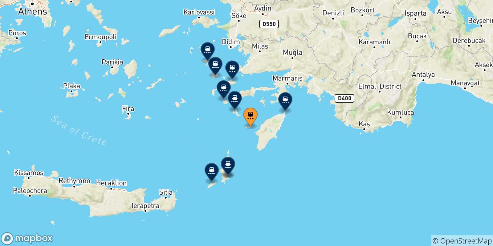 Mappa delle possibili rotte tra Chalki e le Isole Dodecaneso