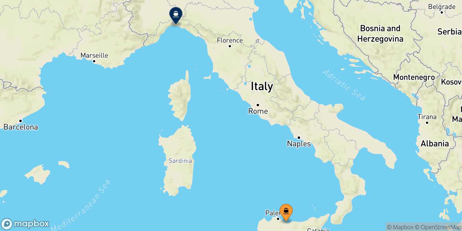 Mappa della rotta Termini Imerese Genova