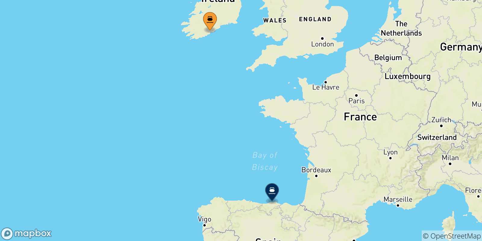 Mappa delle possibili rotte tra l'Irlanda e Santander