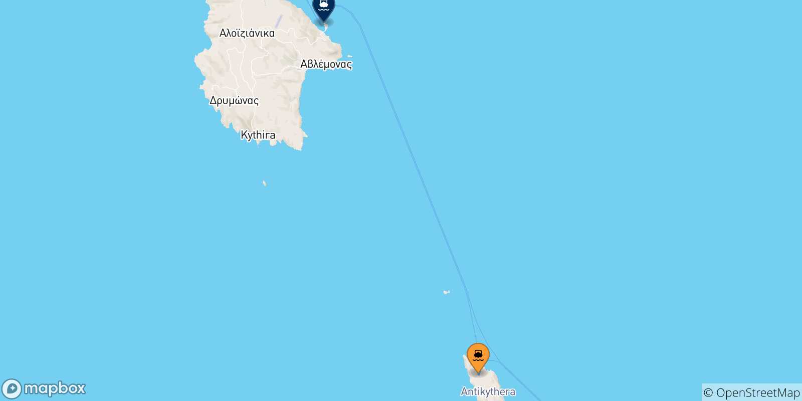 Mappa delle possibili rotte tra Antikythira e le Isole Ionie