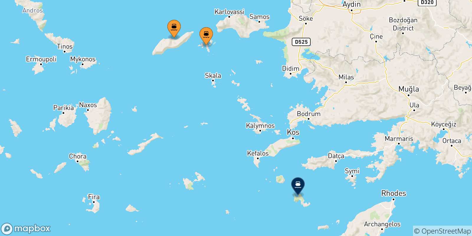 Mappa delle possibili rotte tra le Isole Egeo Nord Orientale e Tilos