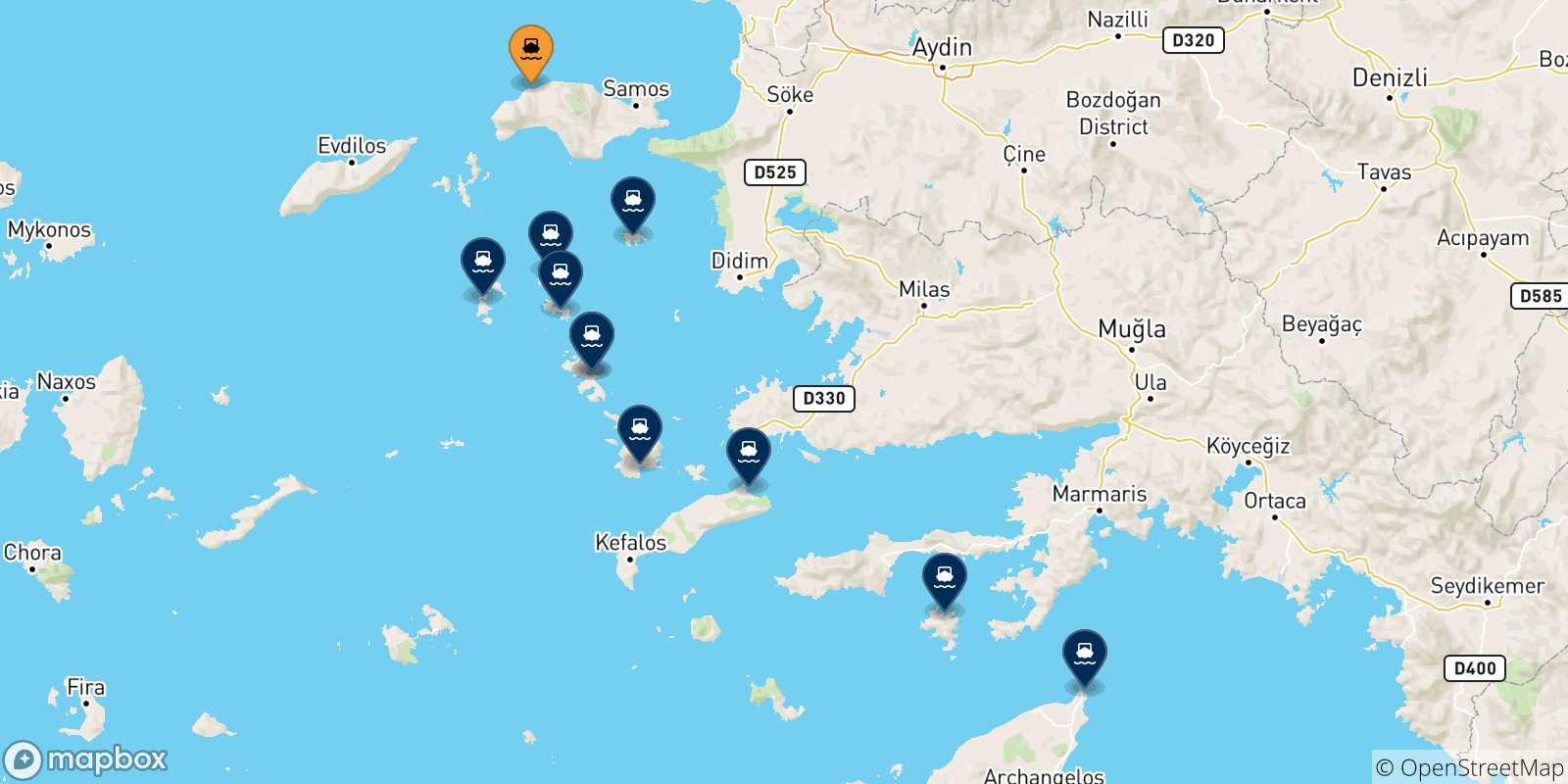Mappa delle possibili rotte tra Pythagorio (Samos) e le Isole Dodecaneso