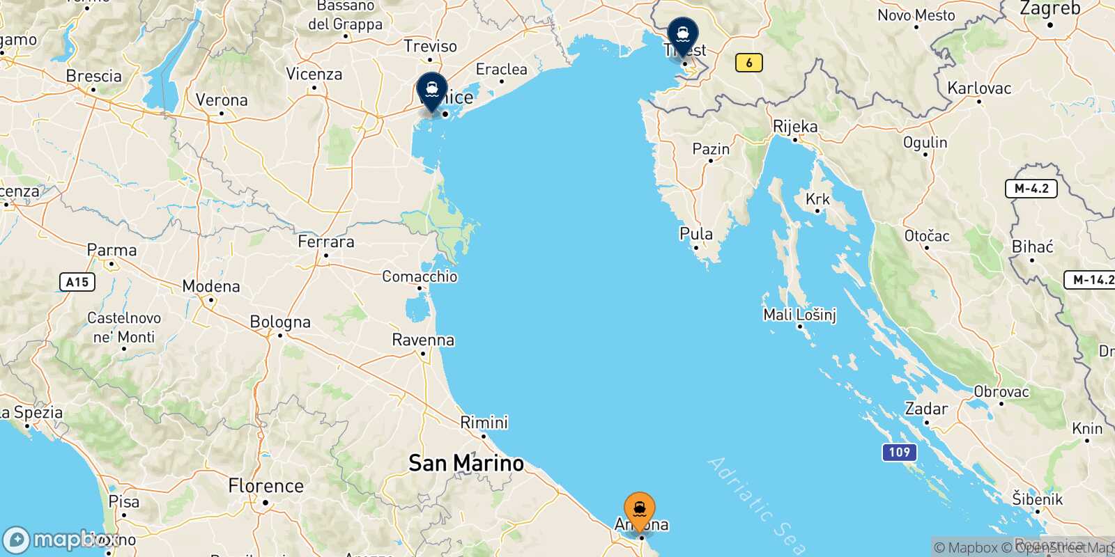 Mappa delle destinazioni raggiungibili da Ancona