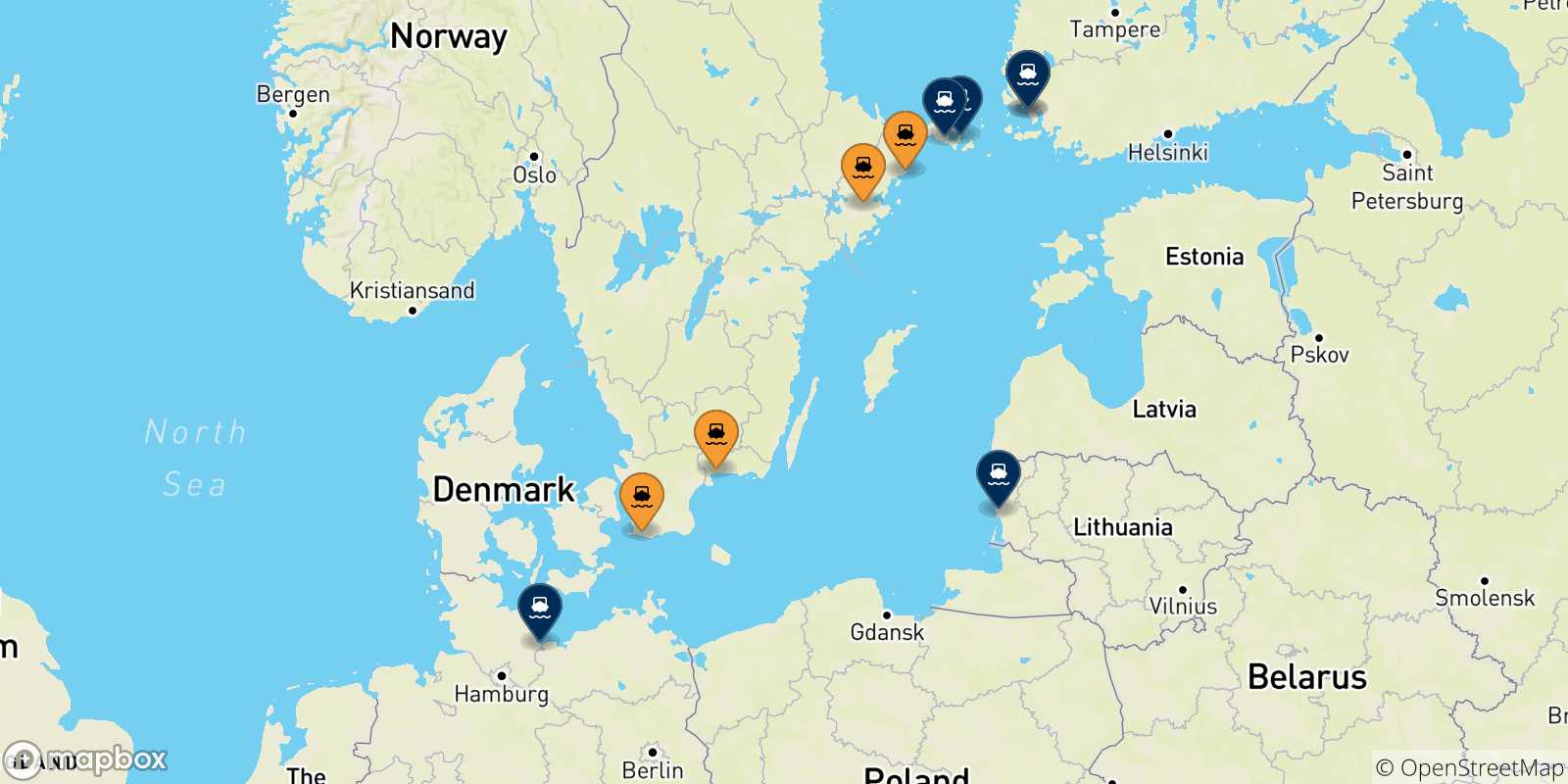 Mappa delle destinazioni raggiungibili dalla Svezia