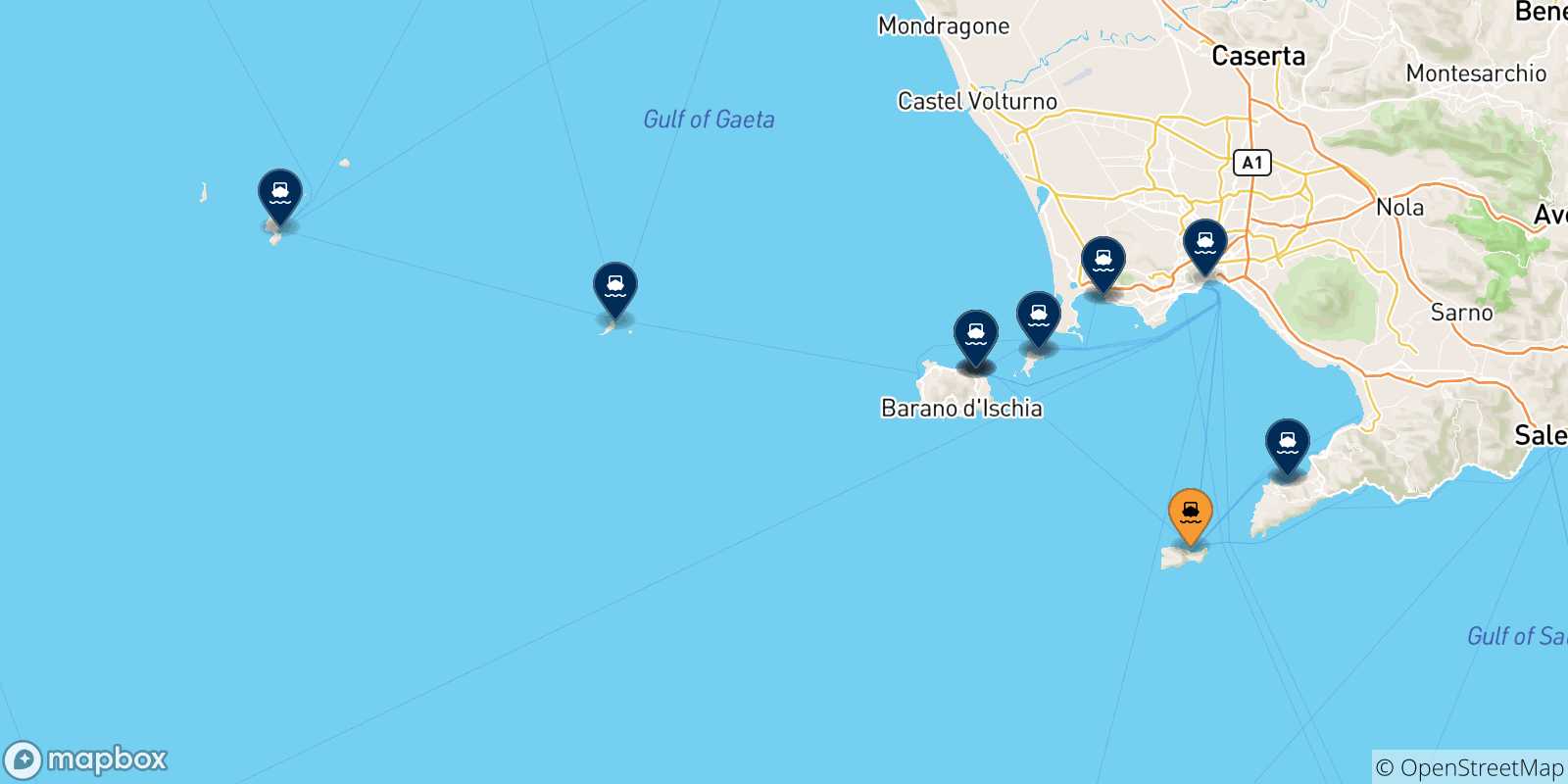 Mappa delle destinazioni raggiungibili dal Golfo Di Napoli