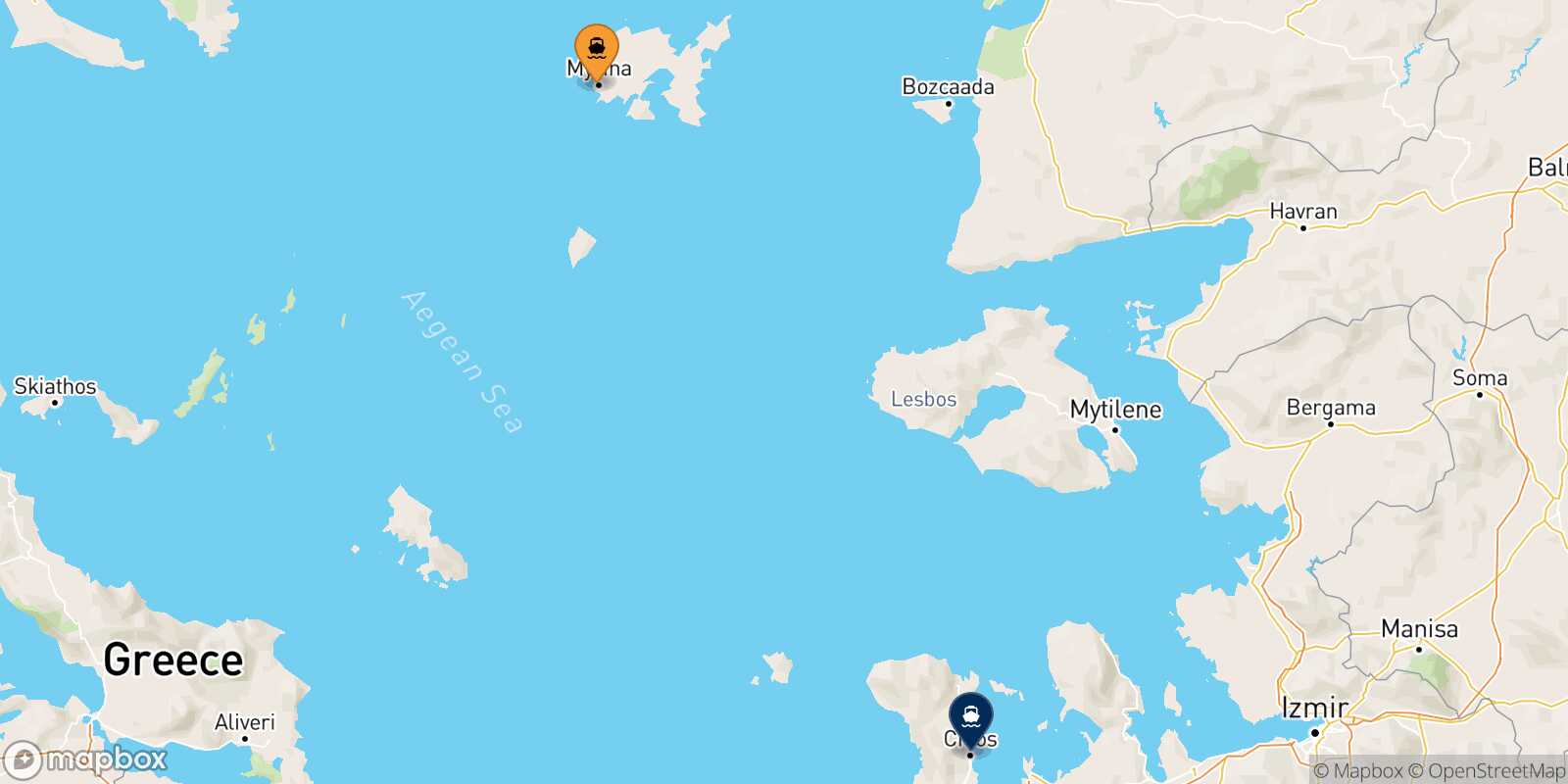 Mappa della rotta Mirina (Limnos) Mesta Chios
