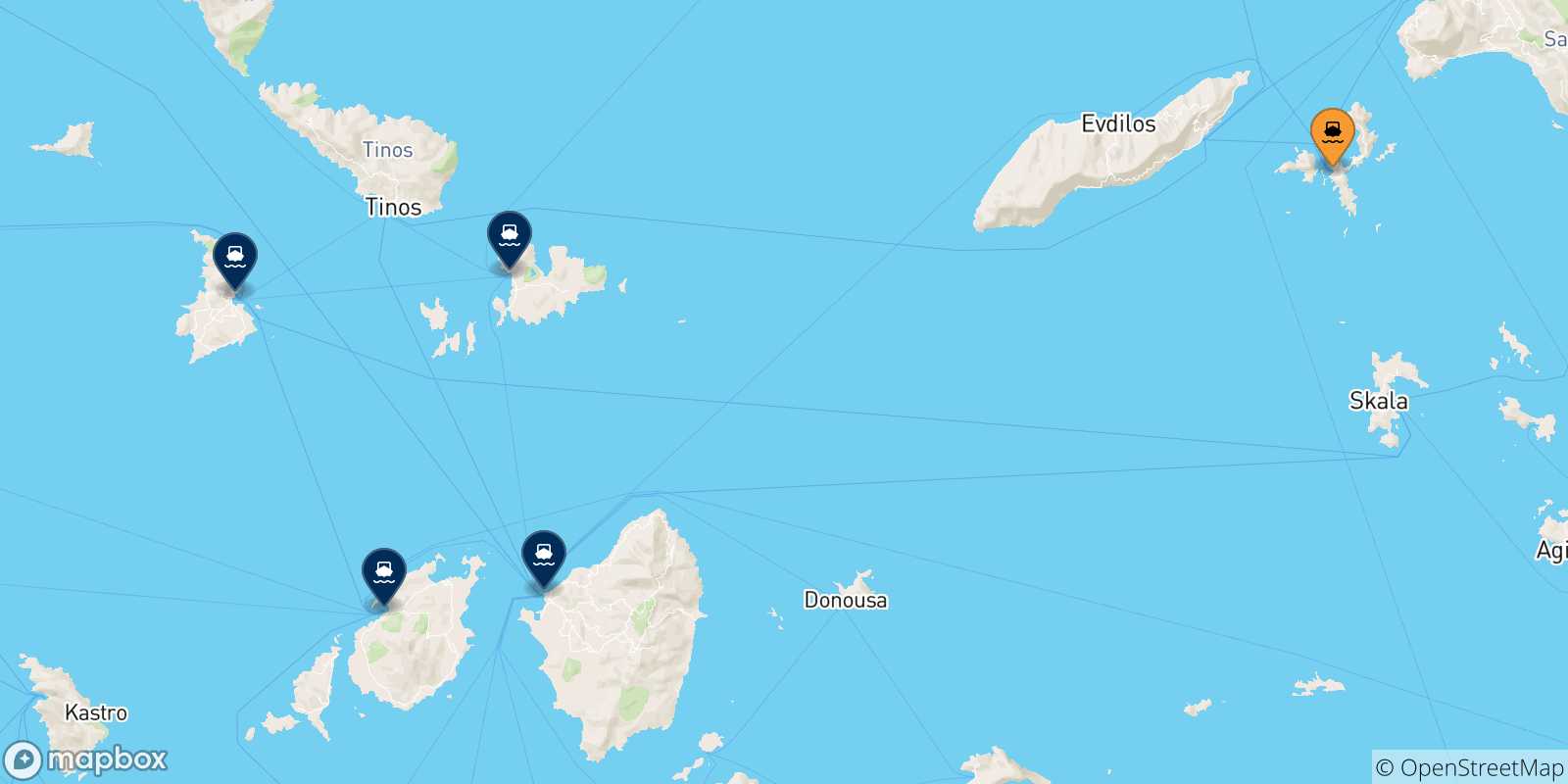 Mappa delle possibili rotte tra Fourni e le Isole Cicladi