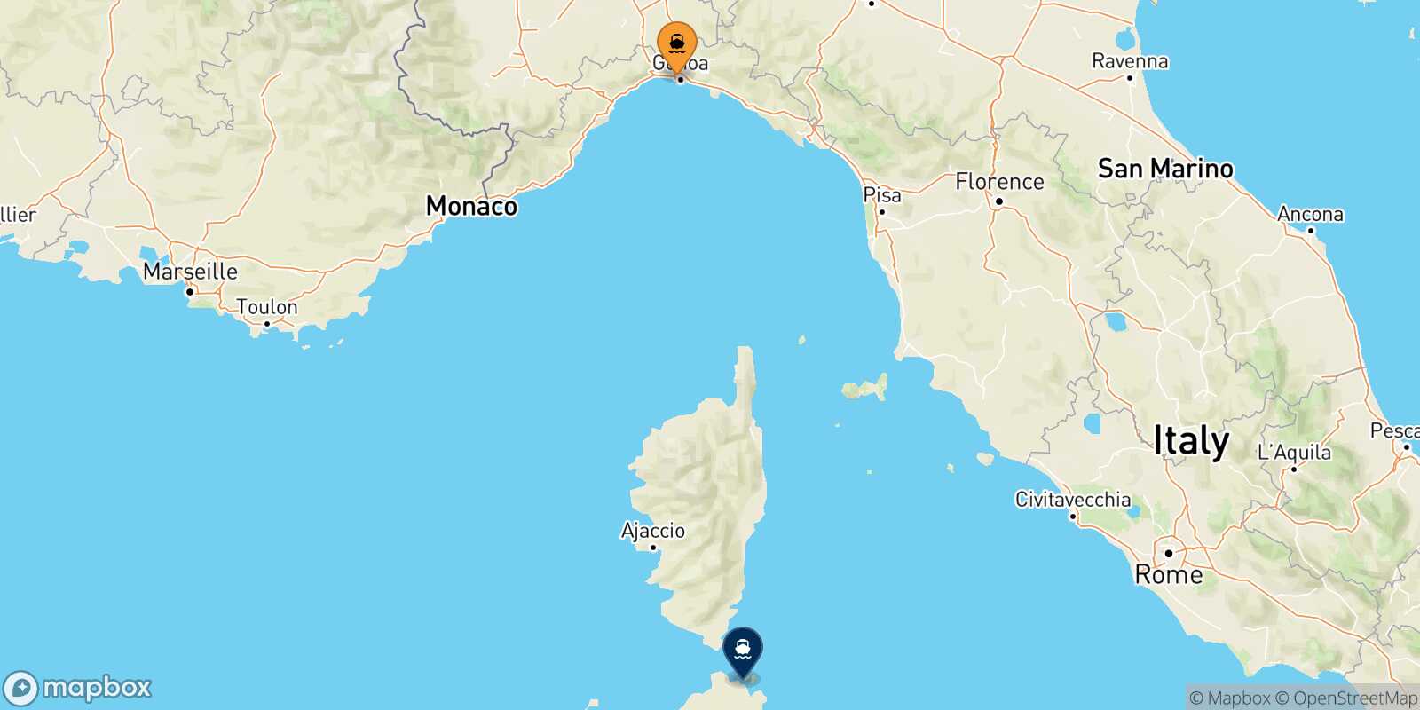 Mappa della rotta Genova Golfo Aranci