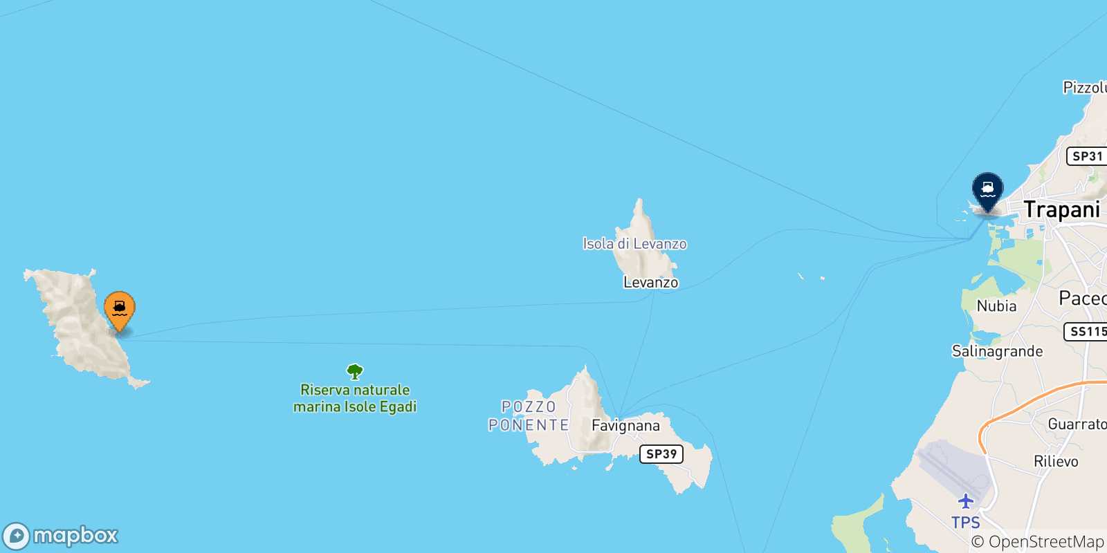 Mappa delle possibili rotte tra Marettimo e la Sicilia