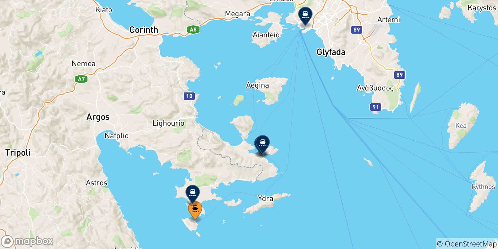 Mappa delle possibili rotte tra Spetses e la Grecia