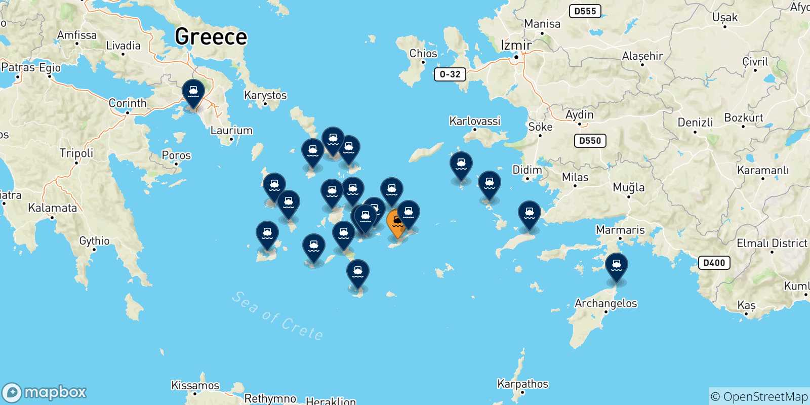 Mappa delle possibili rotte tra Katapola (Amorgos) e la Grecia