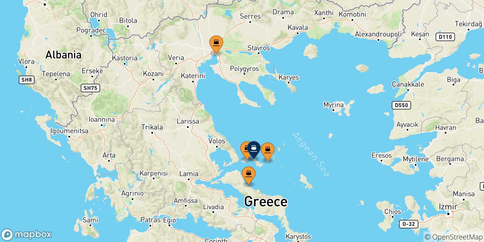 Mappa delle possibili rotte tra la Grecia e Agnontas (Skopelos)