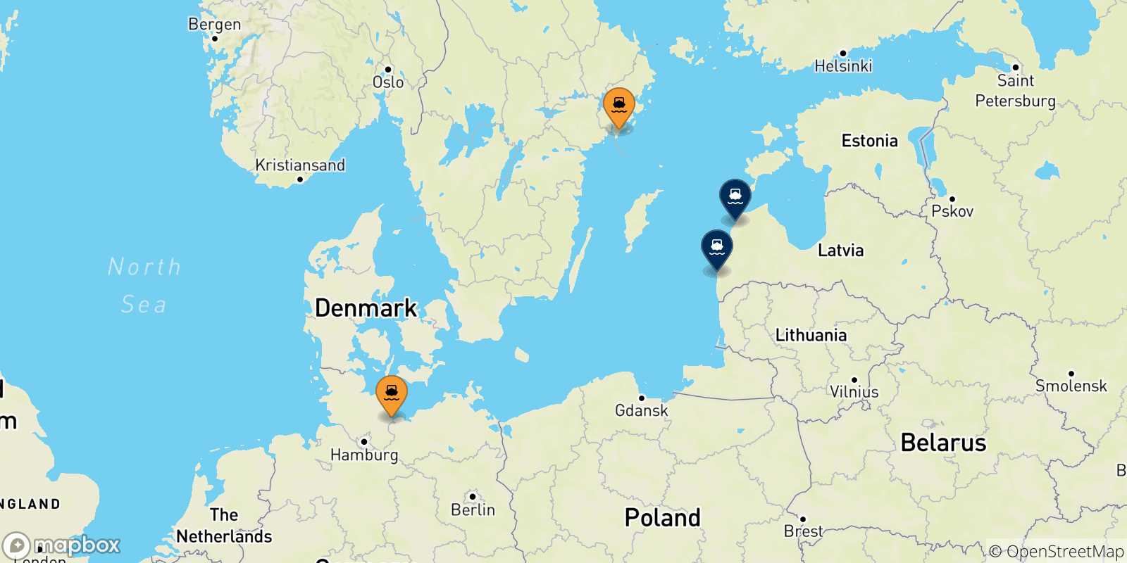 Mappa dei porti collegati con la Lettonia