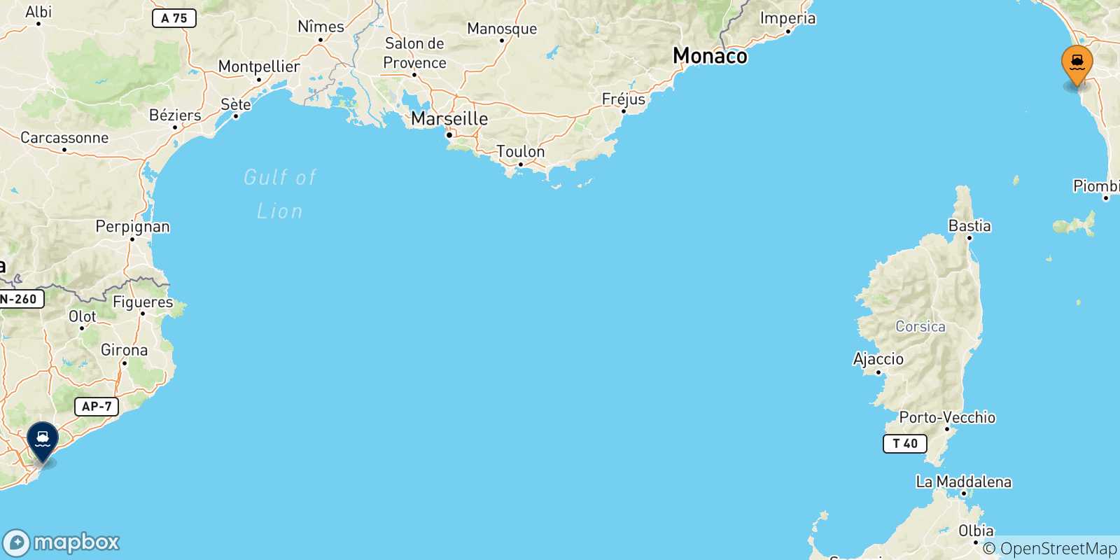 Mappa delle possibili rotte tra Livorno e la Spagna