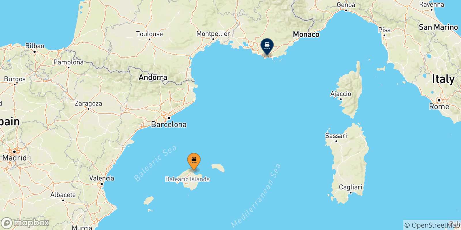 Mappa delle possibili rotte tra le Isole Baleari e Tolone