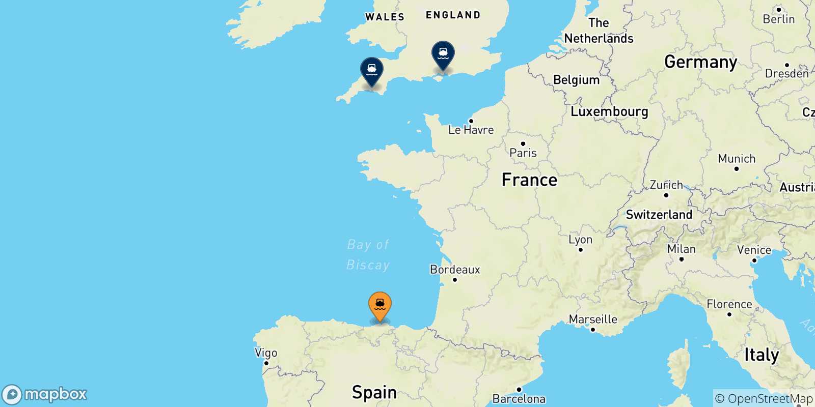 Mappa delle possibili rotte tra Santander e il Regno Unito