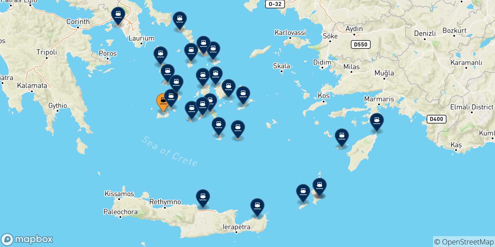 Mappa delle possibili rotte tra Milos e la Grecia