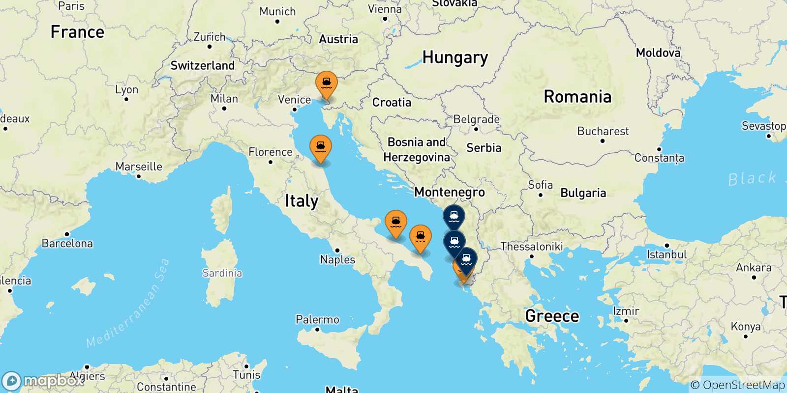 Mappa dei porti collegati con l' Albania