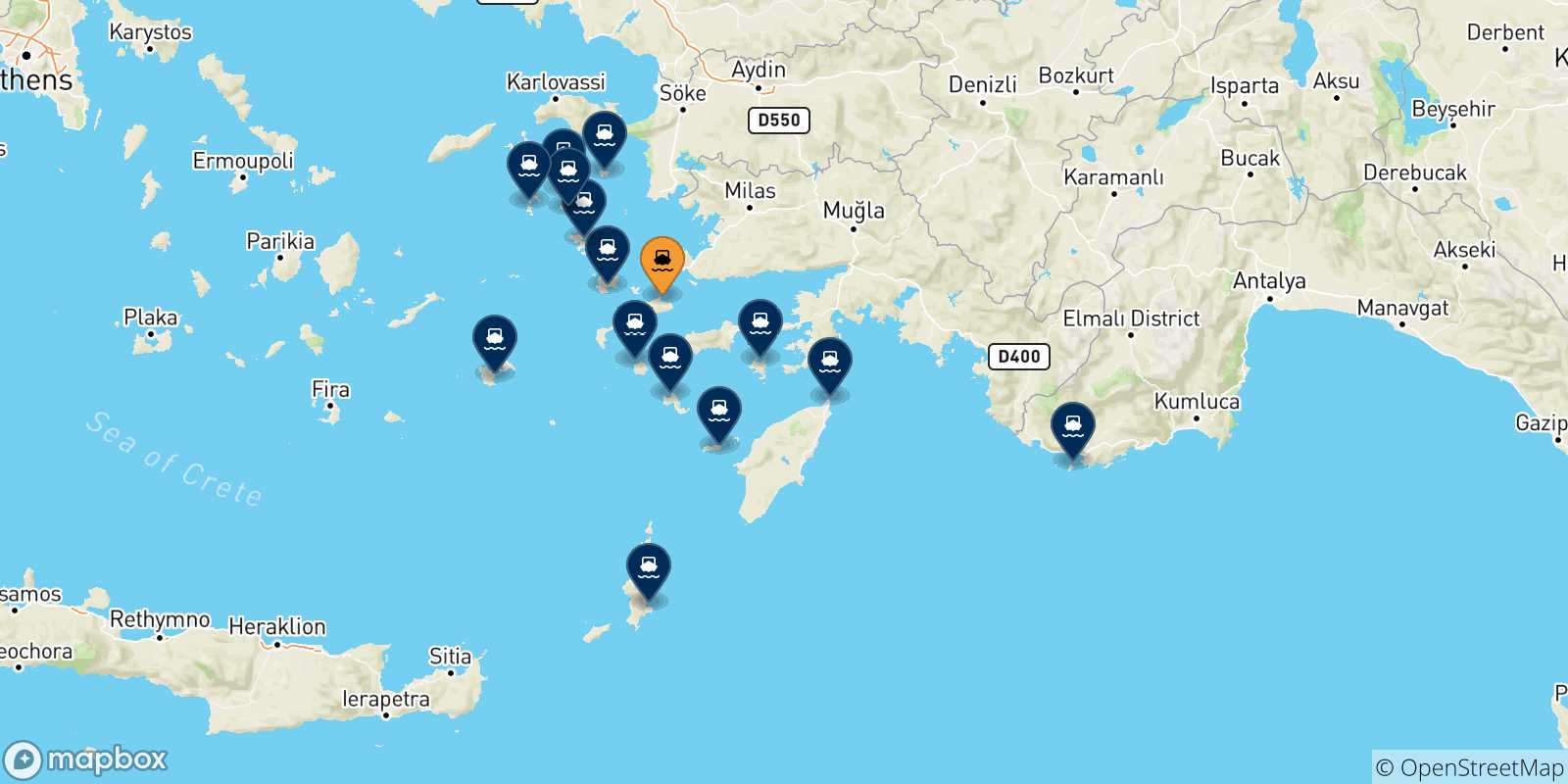 Mappa delle possibili rotte tra Kos e le Isole Dodecaneso
