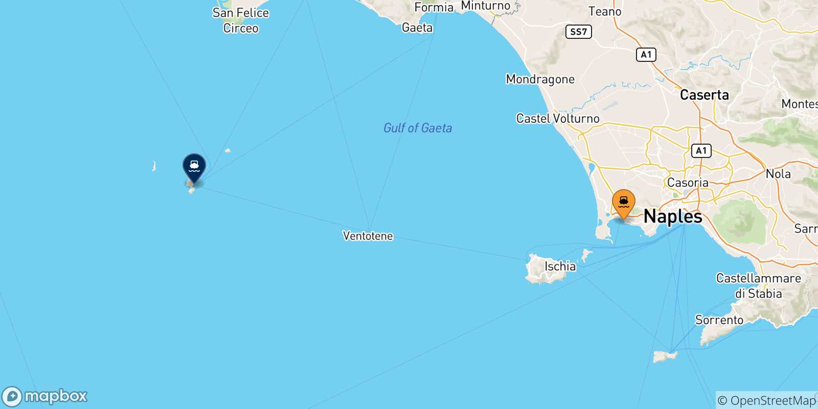 Mappa delle possibili rotte tra il Golfo Di Napoli e Ponza