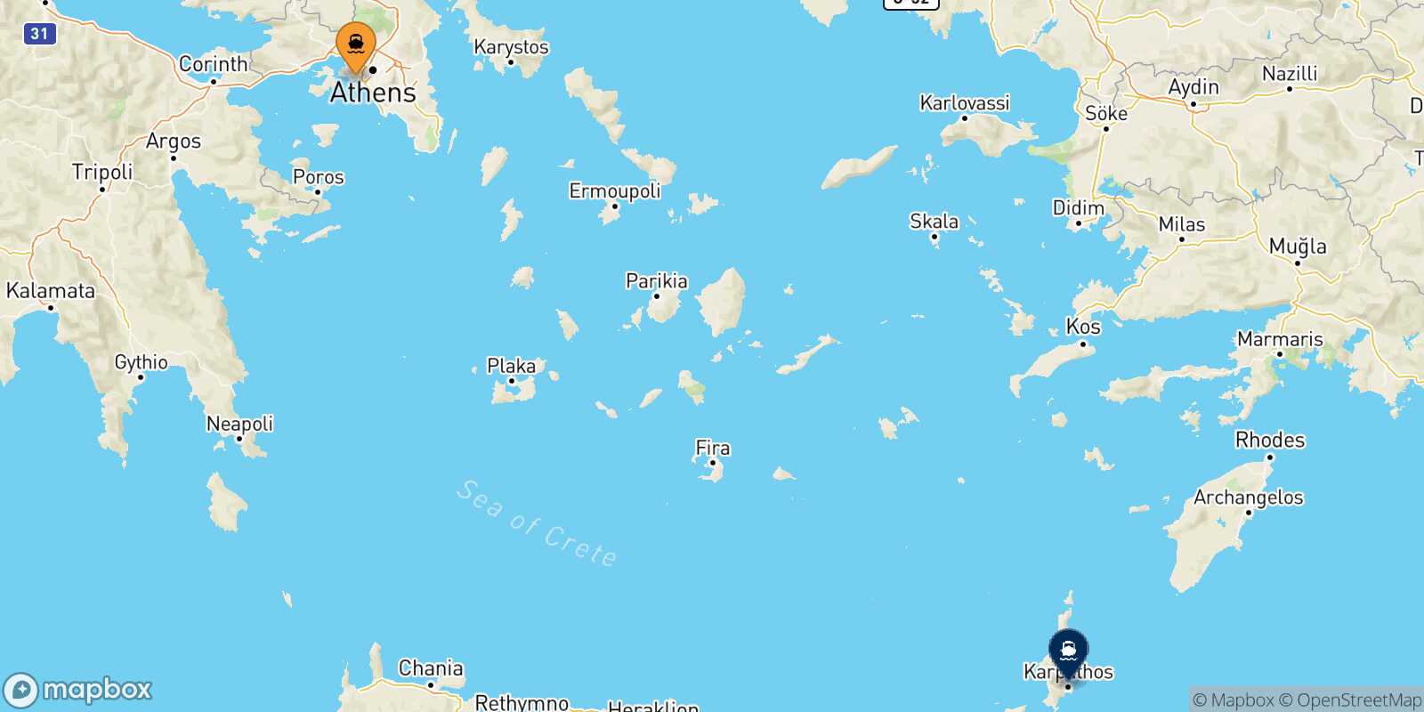 Mappa della rotta Pireo Karpathos